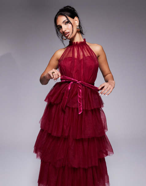 Lulus high neck tiered midi dress in rust