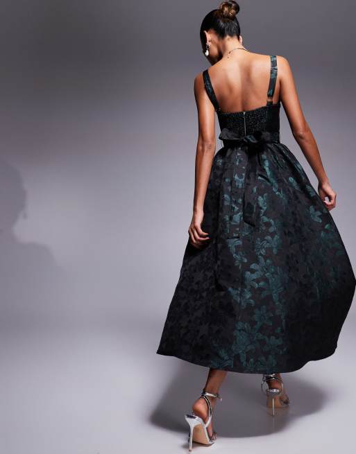 Lulus jacquard midi dress in black floral | ASOS