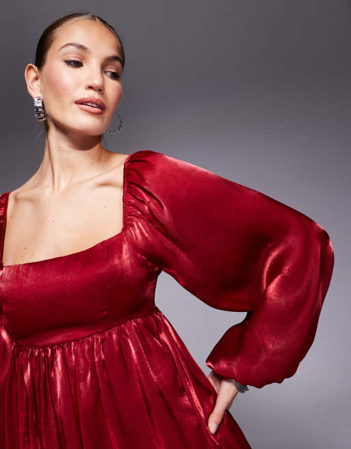 Lulus long sleeve babydoll mini dress in red | ASOS