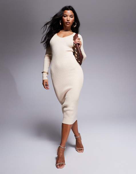 Lulus long sleeve rib knit jumper midi dress in cream - view 1