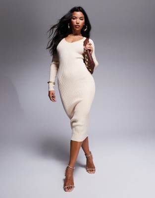 long sleeve rib knit sweater midi dress in cream-White