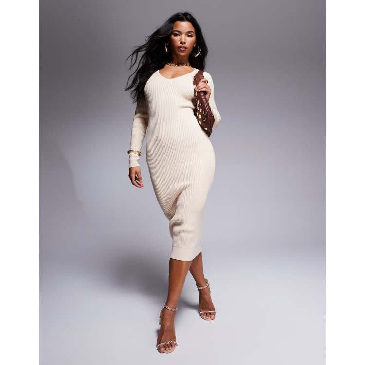 Lulus long sleeve rib knit sweater midi dress in cream | ASOS