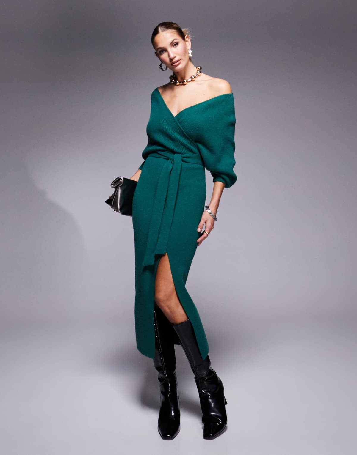Lulus off shoulder knit midi dress in forest green