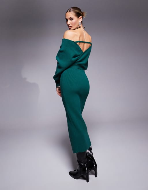 Lulus off shoulder knit midi dress in forest green | ASOS