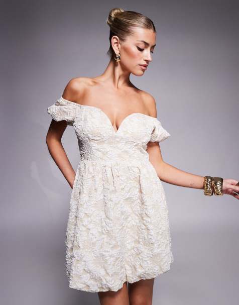 Lulu's off shoulder puff sleeve jacquard mini dress in ivory