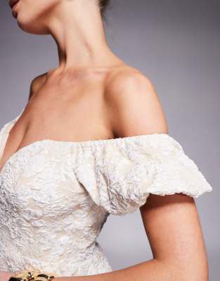 Lulus Off-shoulder Puff Sleeve Jacquard Mini Dress In White