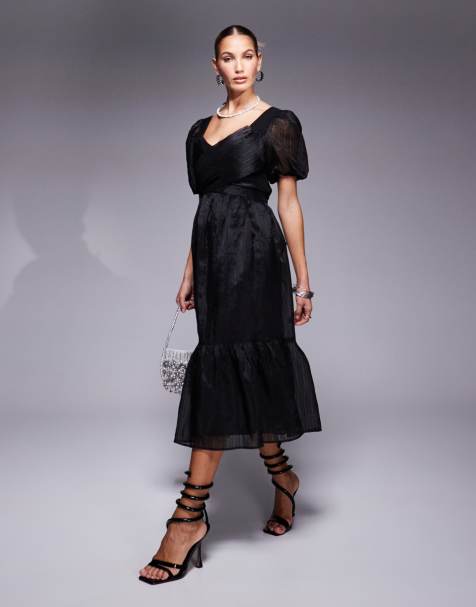 Lulus puff sleeve midi tea dress in black