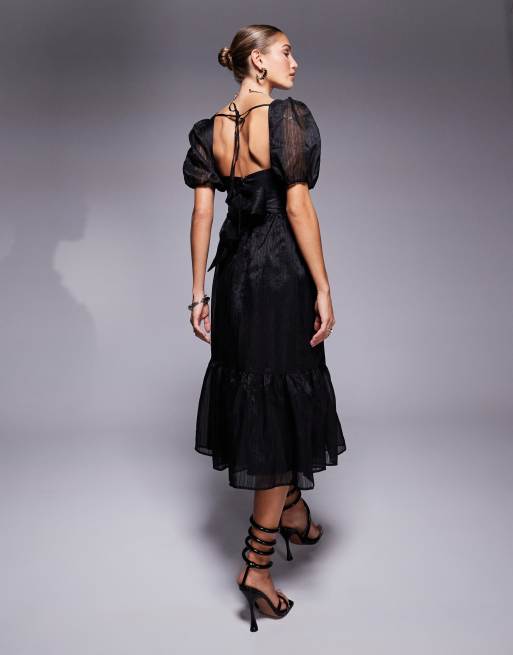 Lulus puff sleeve midi tea dress in black ASOS