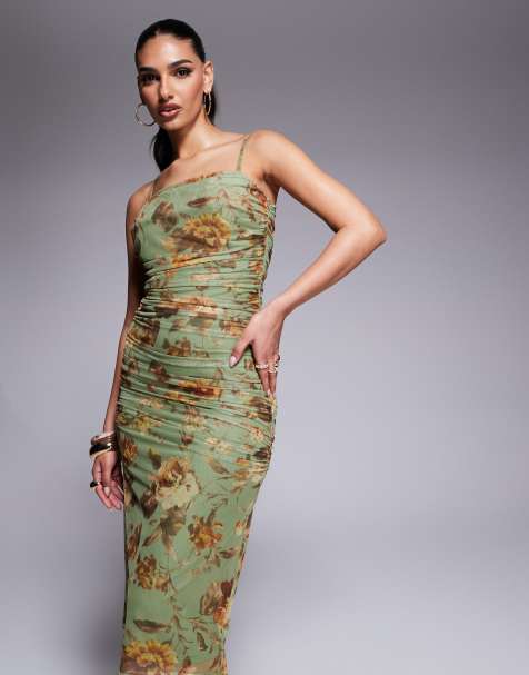 Lulus ruched mesh midi dress in sage floral - view 1