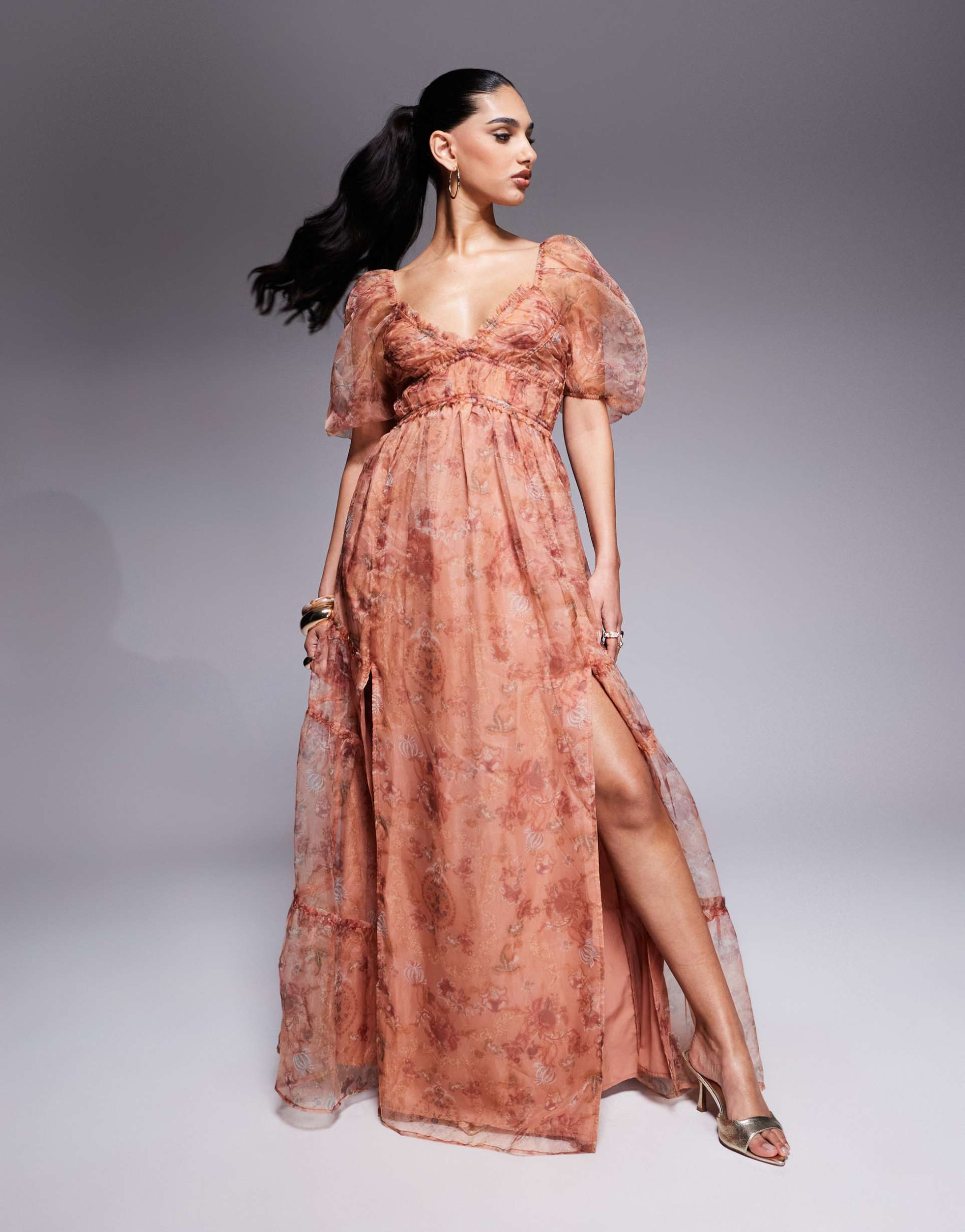 lulus sheer sleeve organza maxi dress in rusty rose floral