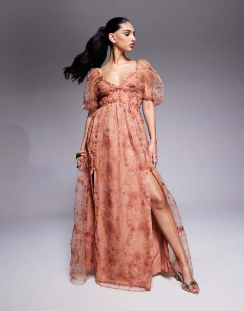 Lulus sheer sleeve organza maxi dress in rusty rose floral