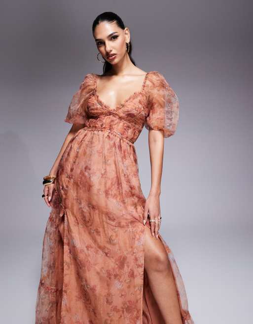Lulus sheer sleeve organza maxi dress in rusty rose floral | ASOS
