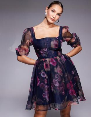 sheer sleeve organza mini dress in plum floral-Purple