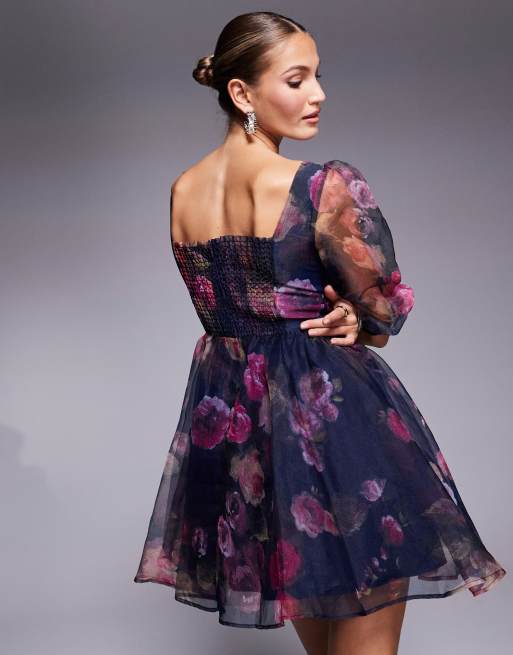Lulus sheer sleeve organza mini dress in plum floral | ASOS