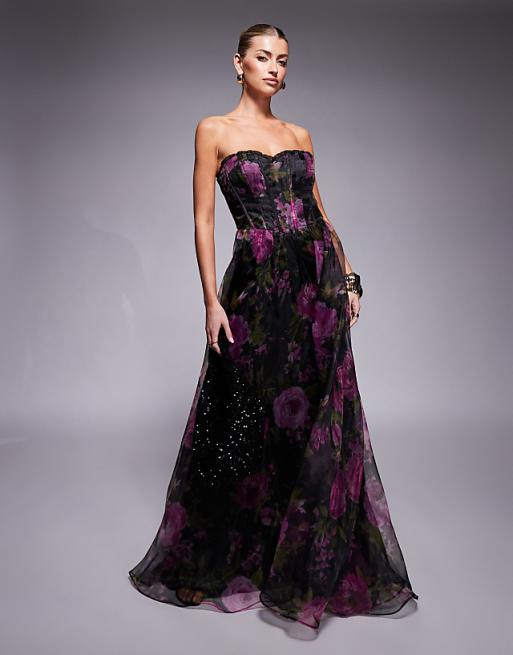 fuchsia and black dress Fuchsia Strapless Corset Dress With Flowy Tulle Skirt And Floral Appli main image 1