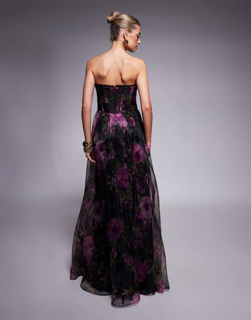Lulus strapless corset maxi dress in black and fuchsia floral ASOS