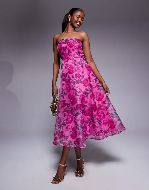 Lulu's strapless organza midi dress in pink floral - view 1