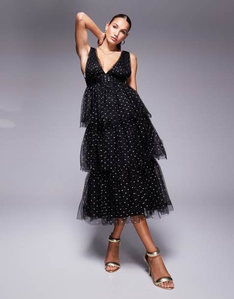 Lulus tiered midaxi dress in black spot - view 1