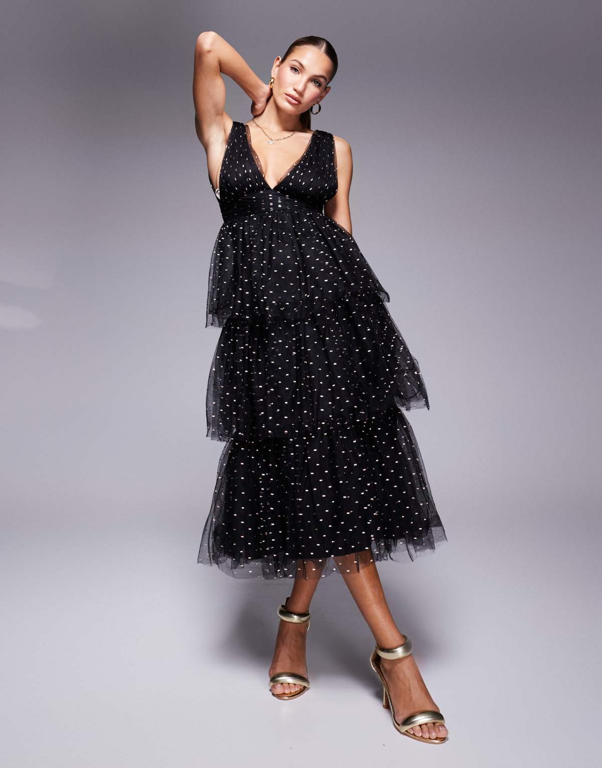 Lulus tiered midaxi dress in black spot