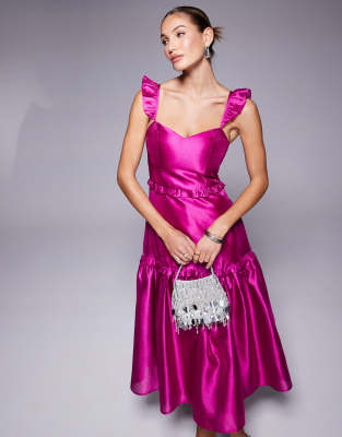 tiered midaxi dress in fuchsia pink