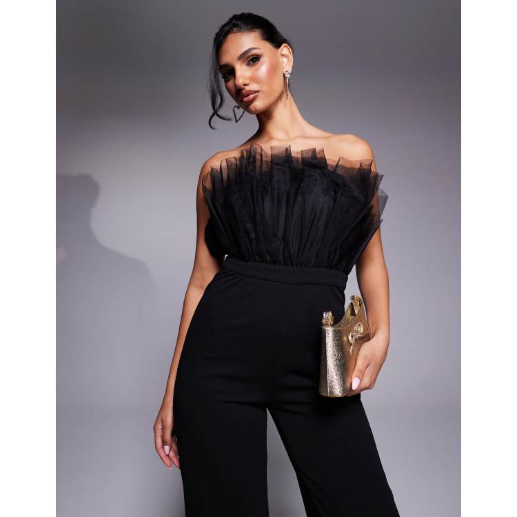 Lulu's tulle bandeau top jumpsuit in black | ASOS