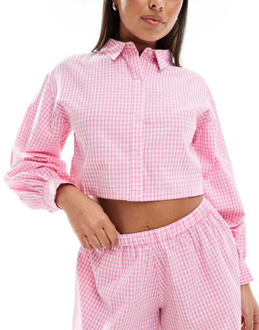 Luna - Camicia taglio corto rosa a quadretti con maniche a palloncino