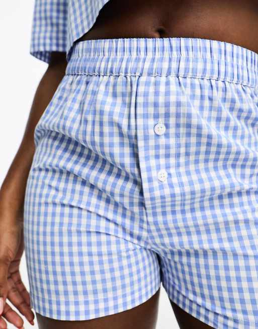 Luna cotton super cropped shirt and boxer short pajama set in cheescloth check, 2 of 4