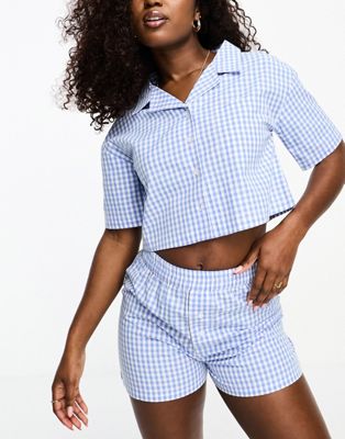 Luna cotton super cropped shirt and boxer short pyjama set in cheescloth check - ASOS Price Checker