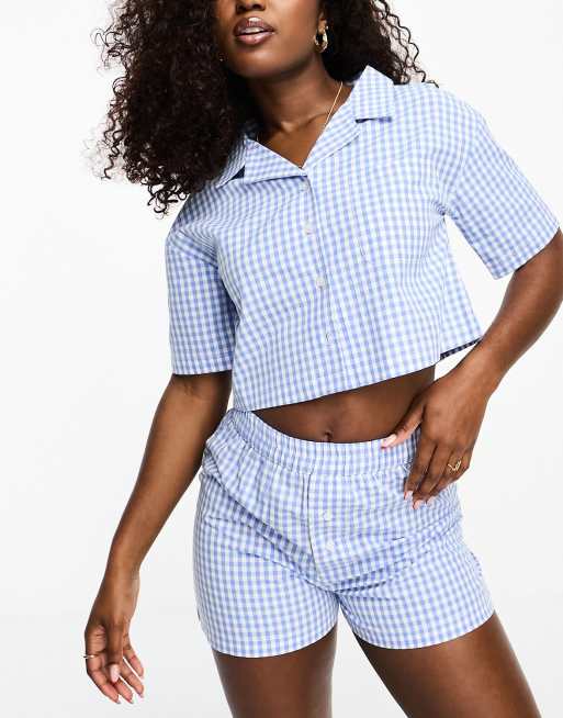 Luna cotton super cropped shirt and boxer shorts pyjama set in cheesecloth check