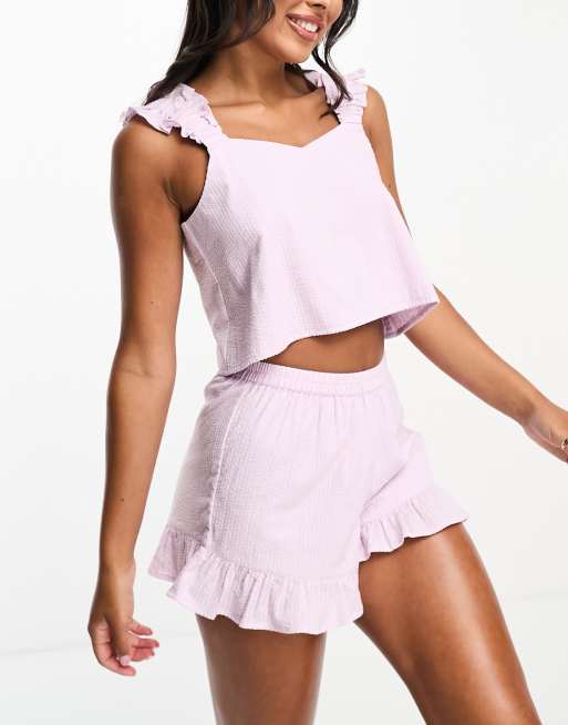 Luna crinkle cotton frill sleeve cami and shorts pyjama set in lilac, 2 of 4