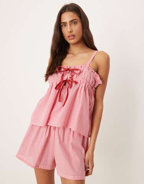 Luna cropped cami pj top co ord in strawberry gingham - view 1