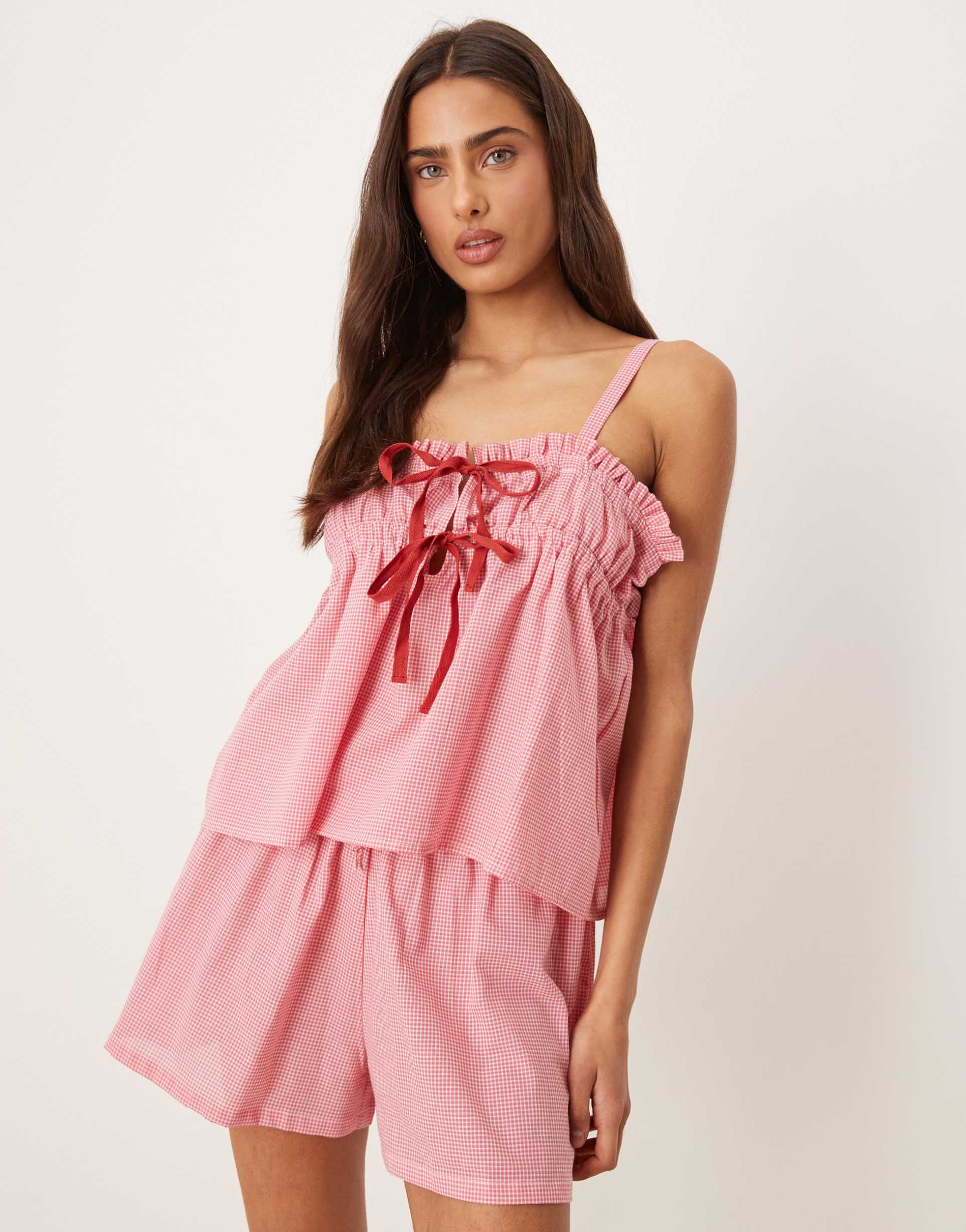 luna cropped cami pj top in strawberry gingham - part of a set