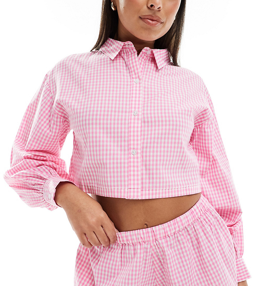 Luna cropped shirt with balloon sleeves in gingham check in pink