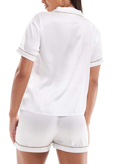Luna – För bruden – Vit kortärmad pyjamas med beige kantband, 2 av 4