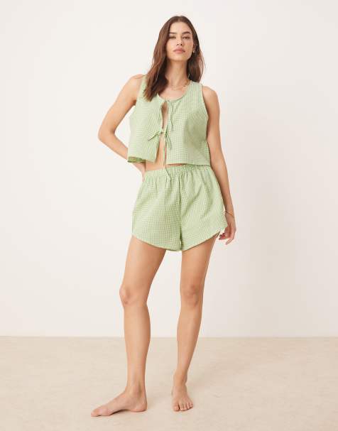 Luna gingham singlet and shorts pyjama set in green check - view 1