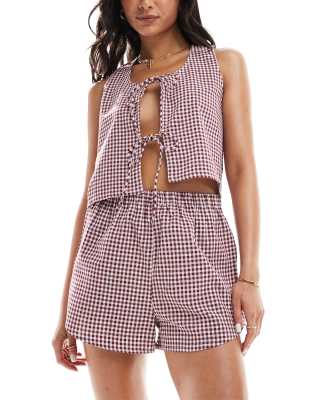 Luna Luna gingham vest and short pyjama set in maroon gingham-Red