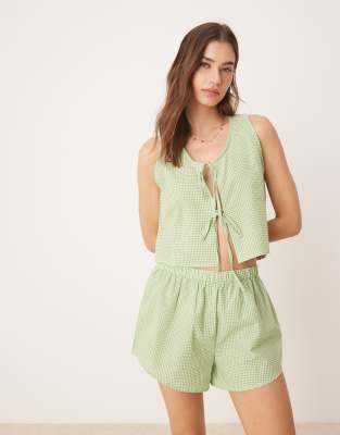 Luna Gingham Vest Top And Shorts Pajama Set In Green