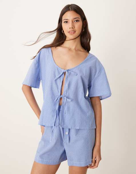 Luna - Kortærmet pyjamastop med bindefront i blåt gingham-tern - Del af sæt - view 1