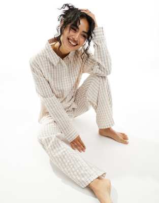 Luna - Mix & Match - Oversize-Pyjamahemd in Beige mit Vichy-Karo-Blau