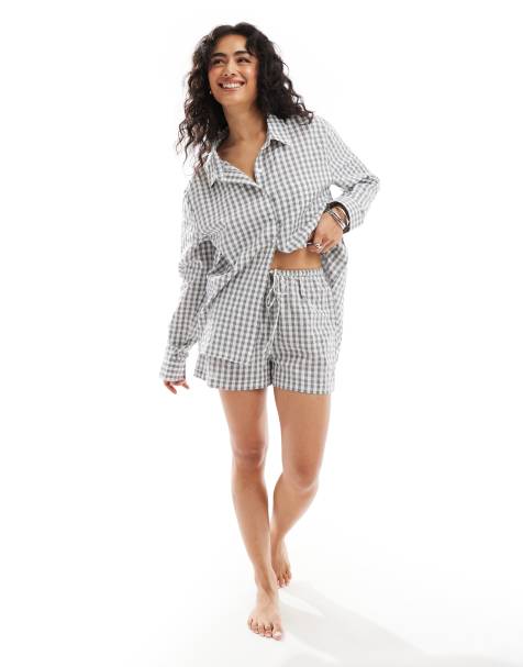 Luna - Mix og match - Grå oversized pyjamasshorts med gingham-tern - view 1