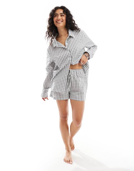 Luna – Mixa & matcha – Grå ginghamrutiga pyjamasshorts i oversize