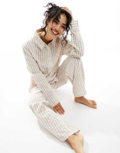 Luna Mix&Match oversized pyjama shirt in beige gingham - view 1