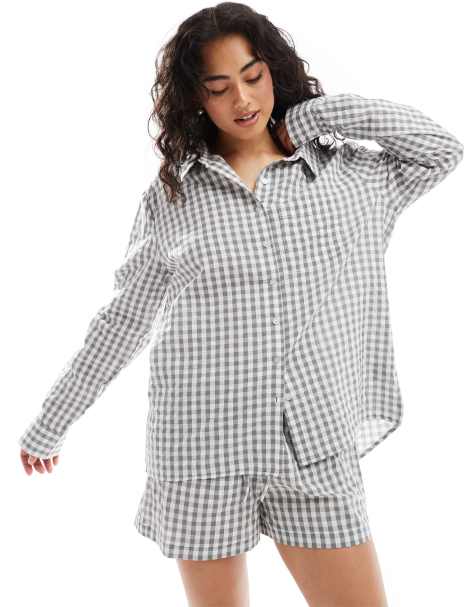 Luna Mix&Match oversized pyjama shirt in grey gingham - view 1