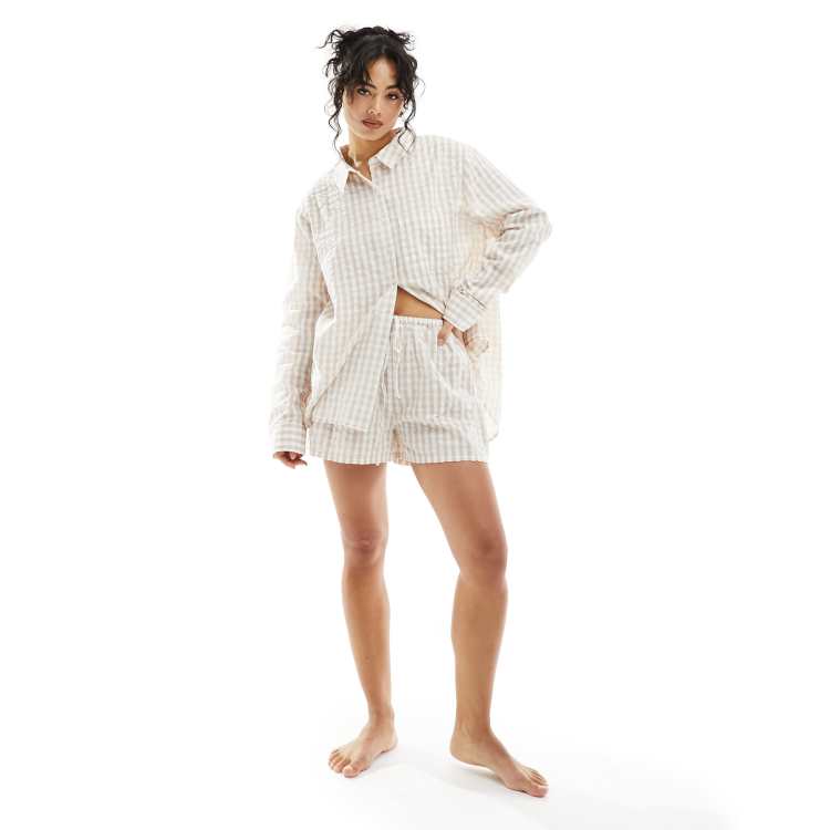 Luna Mix&Match oversized pyjama shirt in beige gingham and drawstring shorts. 