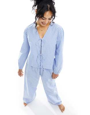 Luna - Oversize-Pyjamaoberteil in Blau mit Vichykaros und Bindedetail, Kombiteil