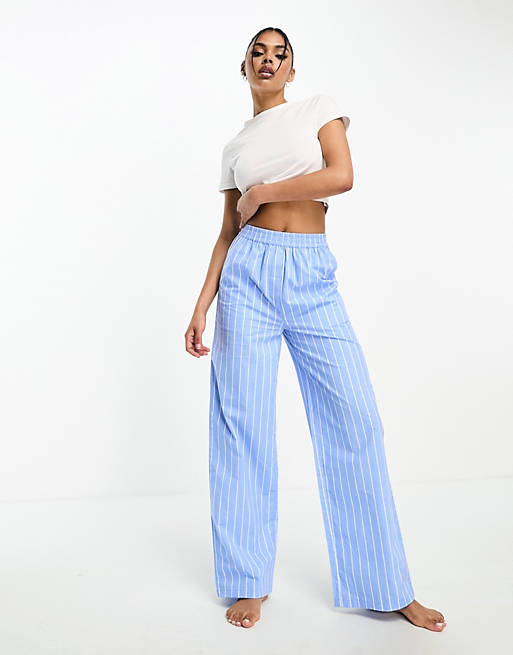 Luna oversized cotton wide leg stripe pajama bottoms in blue | ASOS