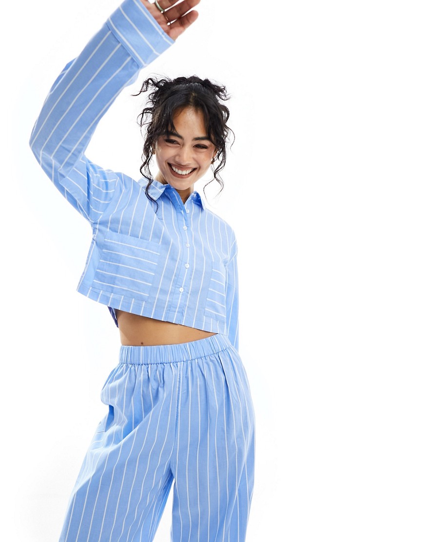 Luna oversized cropped pyjama shirt co ord in blue stripe