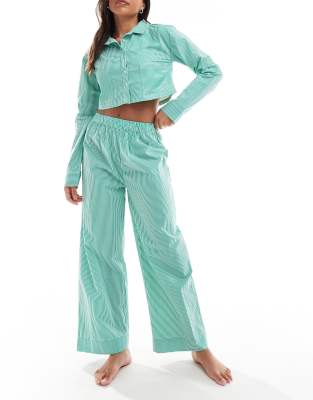 Luna oversized cropped pyjama shirt co ord in green stripe