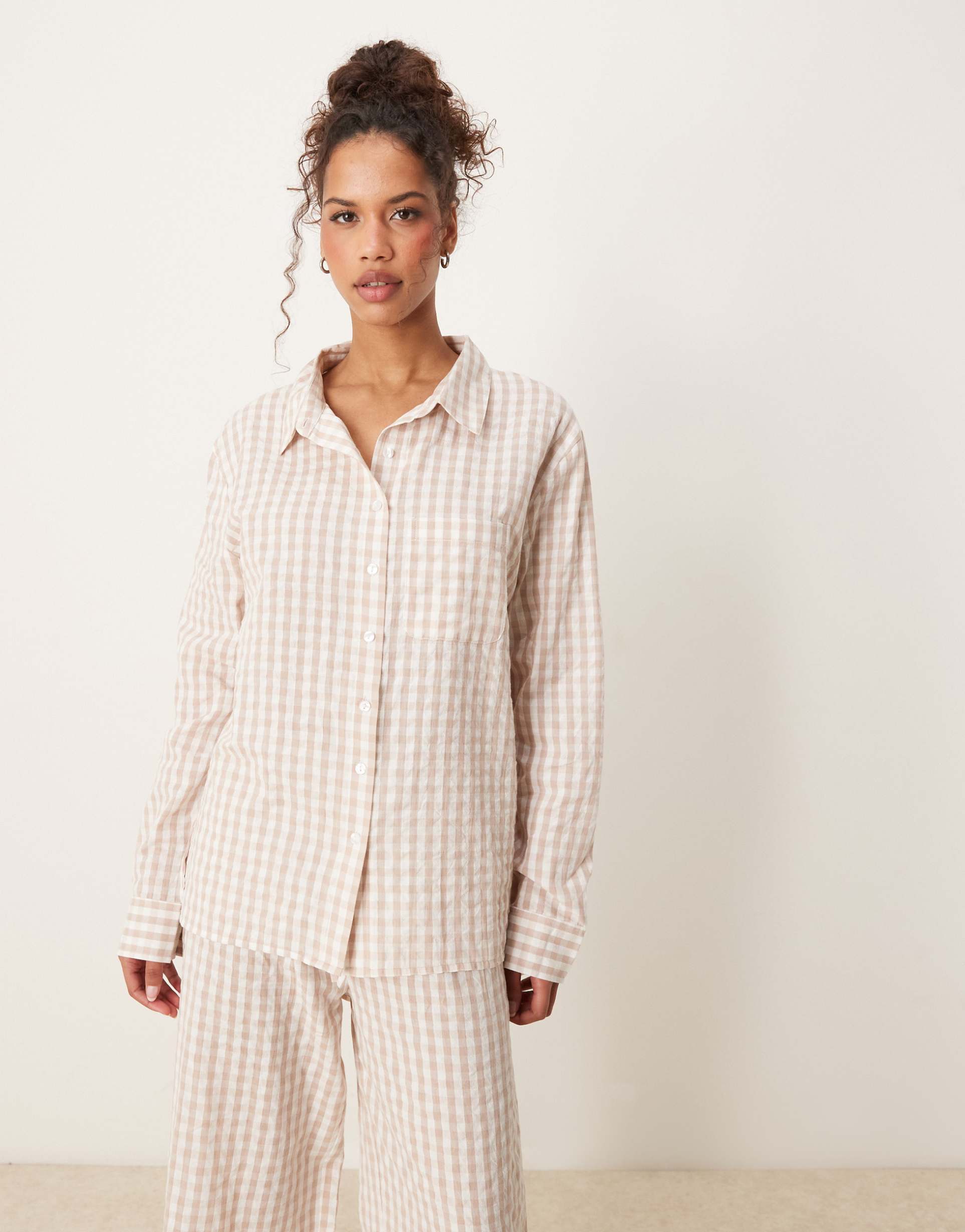 luna oversized pajama shirt set in beige