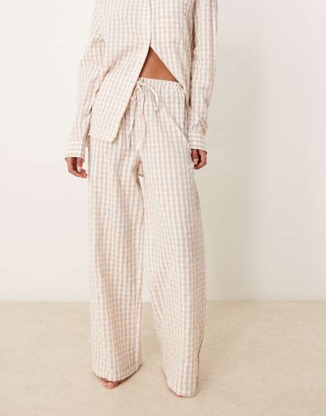 Luna oversized pyjama bottoms in beige gingham - view 1